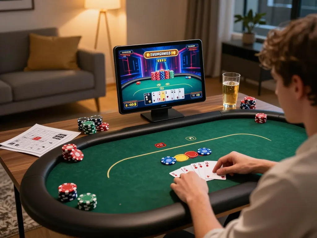 Engaging with sunwin poker games on a tablet in a cozy home environment, emphasizing responsible gaming.