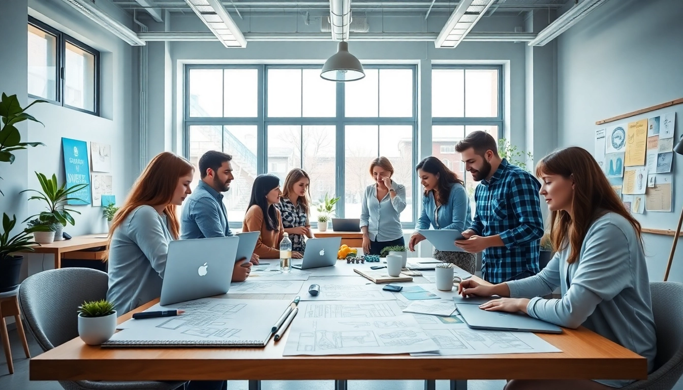 Webflow Agentur team brainstorming design ideas in a bright, modern workspace.