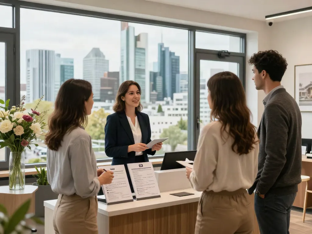 Bester Immobilienmakler Frankfurt begrüßt Kunden in einem einladenden Büro mit modernen Möbeln.