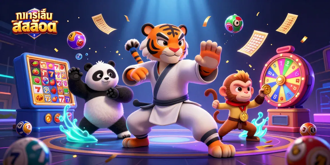 Engage in ทดลองเล่นสล็อต with a vibrant 3D scene featuring a kung fu tiger master and playful elements.