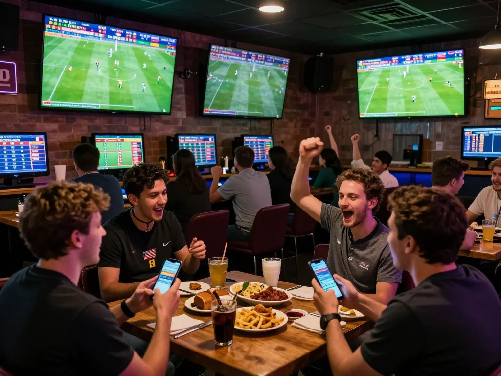 Engaged sports fans celebrating a soccer picks win in a lively betting lounge.