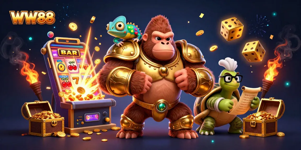 Experience thrill and joy with WW88's vibrant casino illustration featuring a powerful gorilla and animated elements.