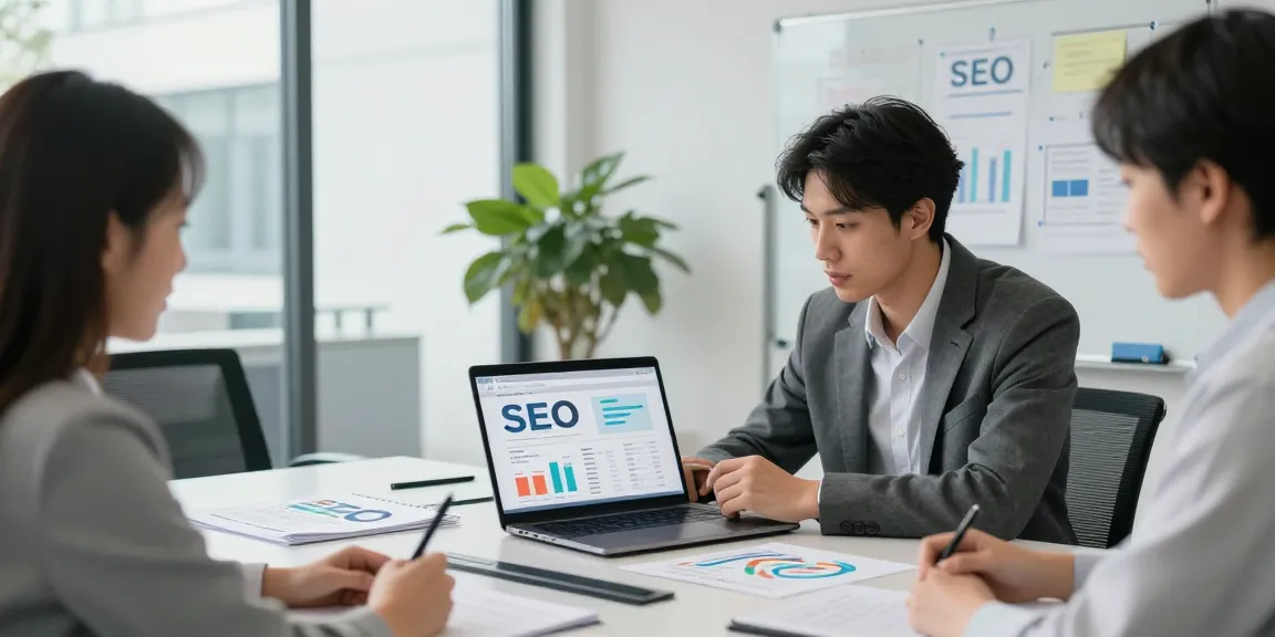 SEO Berater analysiert Website-Analysenberichte in einem modernen Büro.
