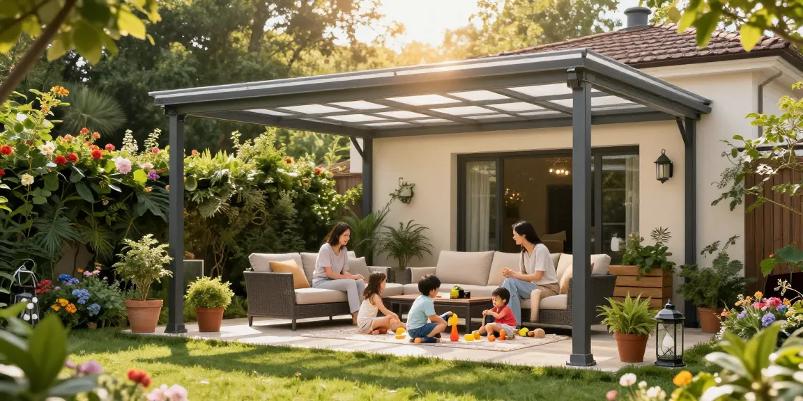 Gemütliche Familie unter einer freistehenden Terrassenüberdachung im Garten, mit Pflanzen und Sonnenlicht.
