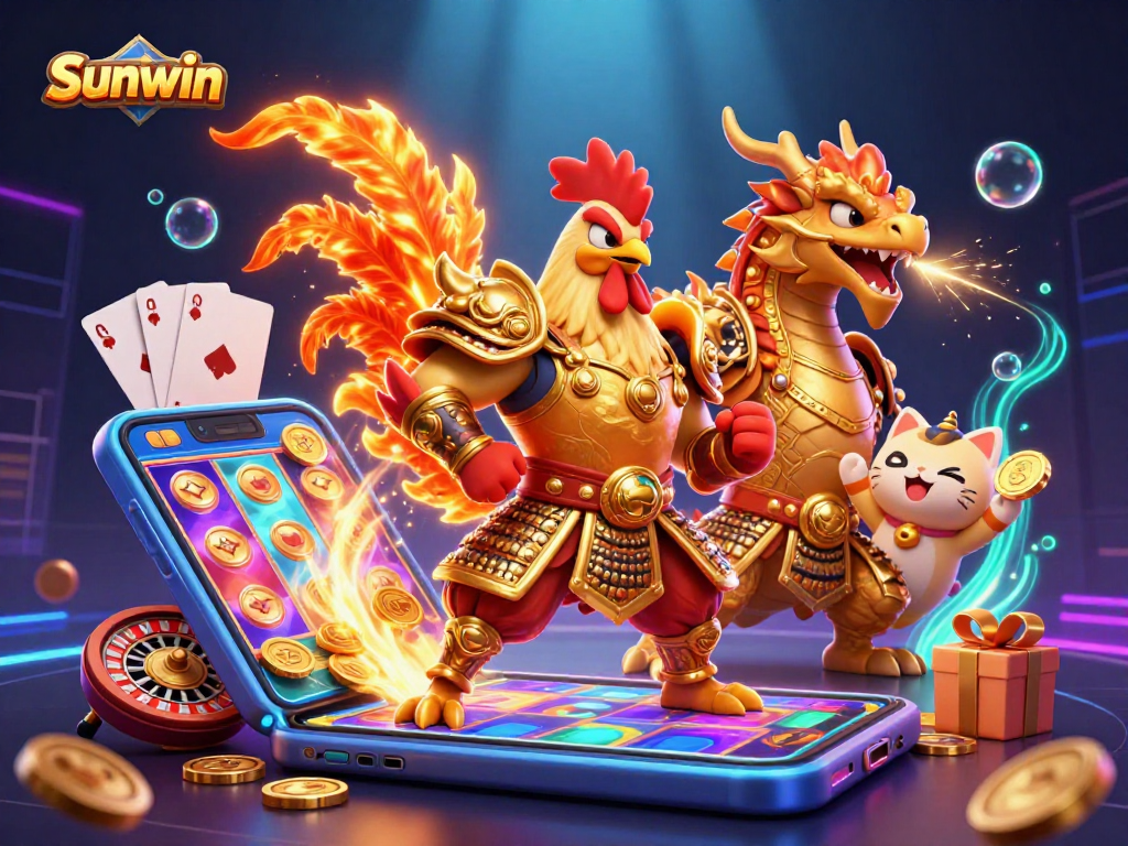Engage with thrilling jackpots at Sunwin in this dynamic casino scene featuring a warrior, dragon, and gaming elements.