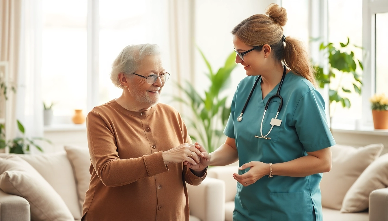 Pflegedienst Bornheim bei der Unterstützung eines älteren Patienten in einem gemütlichen Wohnzimmer.