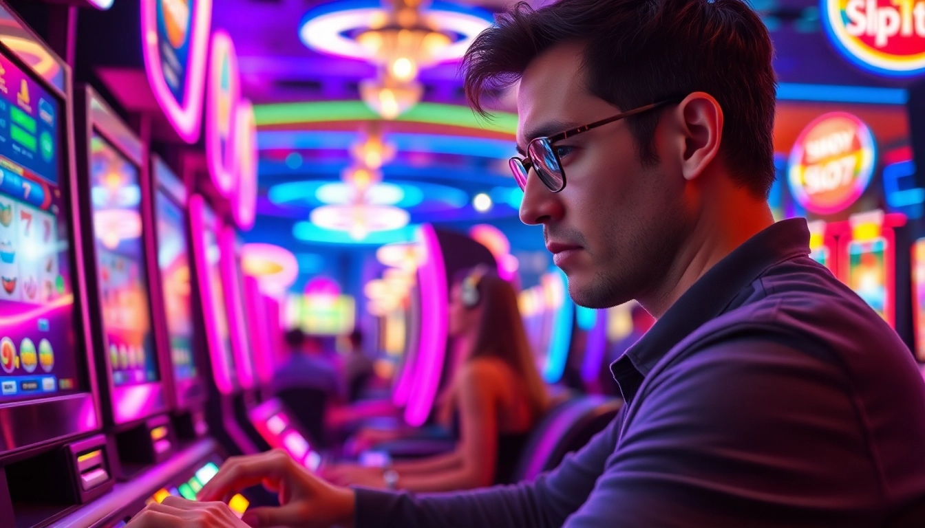 Permainan Slot77 yang menegangkan di kasino, menunjukkan fokus pemain dan lampu neon.