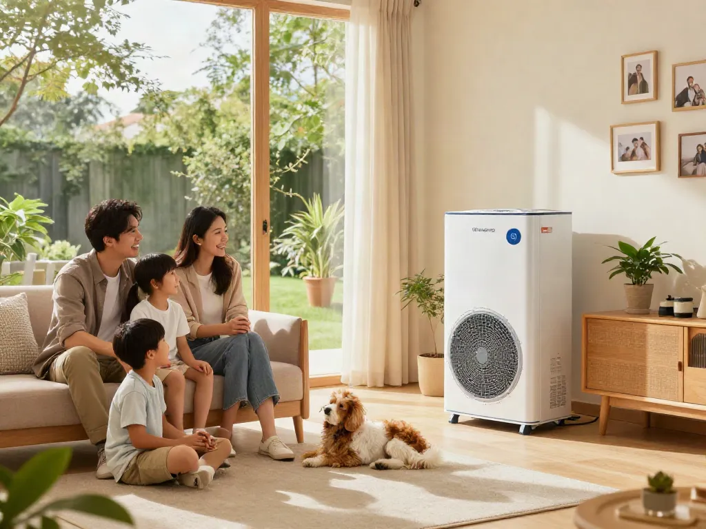 Wärmepumpen in modernem Wohnzimmer mit Familie und Hund, gemütliche Atmosphäre.