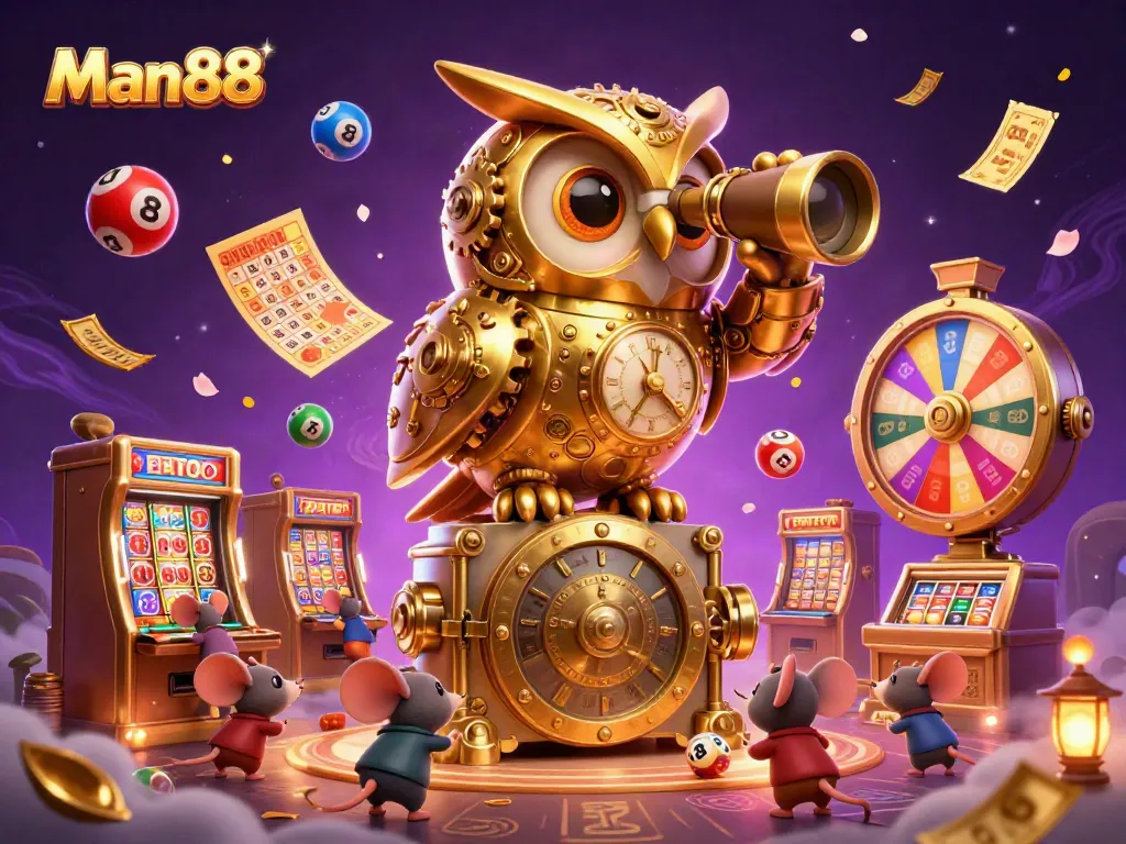 Experience the thrill of gambling with Man88, featuring a whimsical golden owl presiding over a vibrant casino floor.