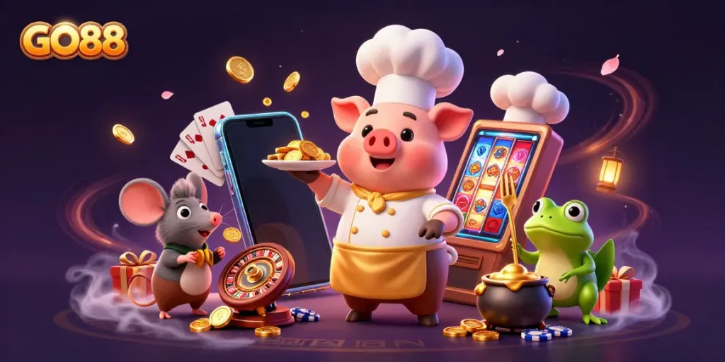 Experience GO88's vibrant gaming world with cartoon characters serving gold amidst slot games and festive decorations.