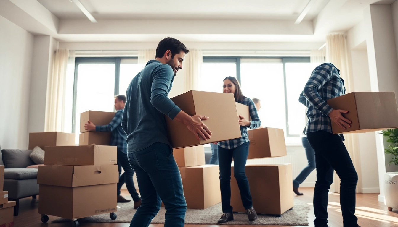 Professionals of umzugsunternehmen ludwigshafen transporting furniture in a bright urban setting.