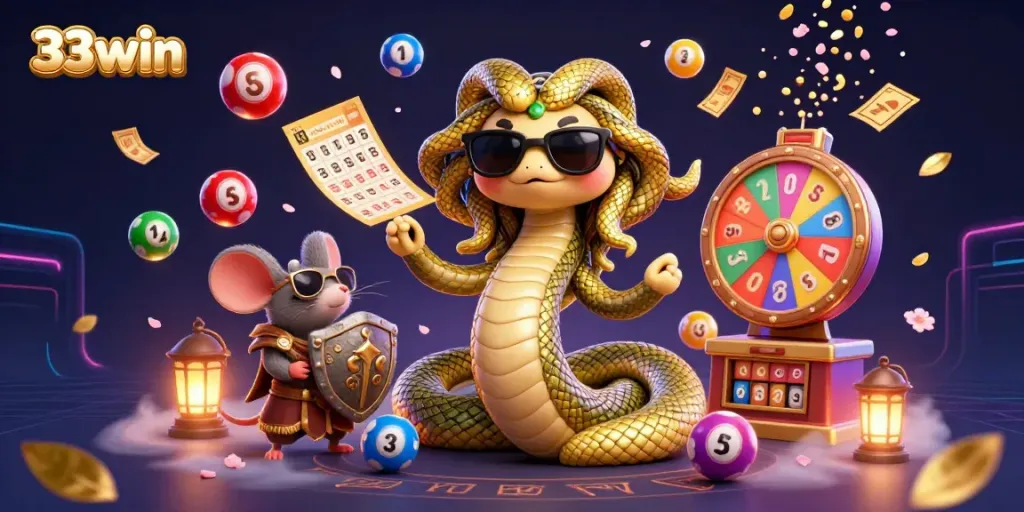 Engage with the exciting world of 33win as Medusa and a warrior mouse celebrate with lottery games and vibrant winnings.