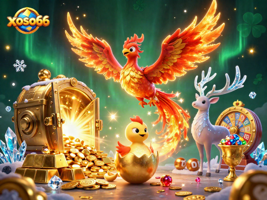 Xoso66 attracts players with a vivid illustration of a phoenix and lottery elements, showcasing the thrill of the game.