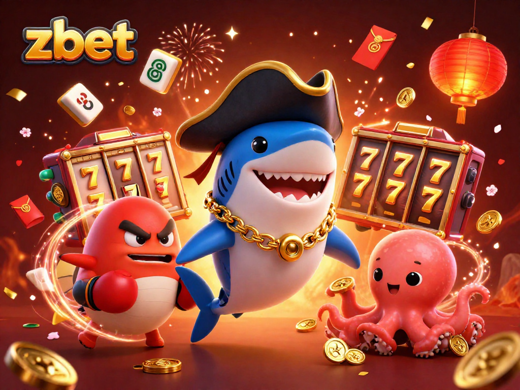 Experience thrilling zbet slots with a cartoon pirate shark, pufferfish, and octopus amidst vibrant gaming elements.