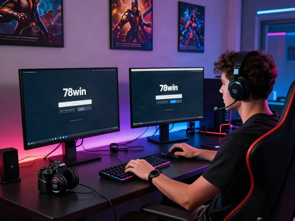 Logging into 78win platform in a modern gaming setup with vibrant lights.
