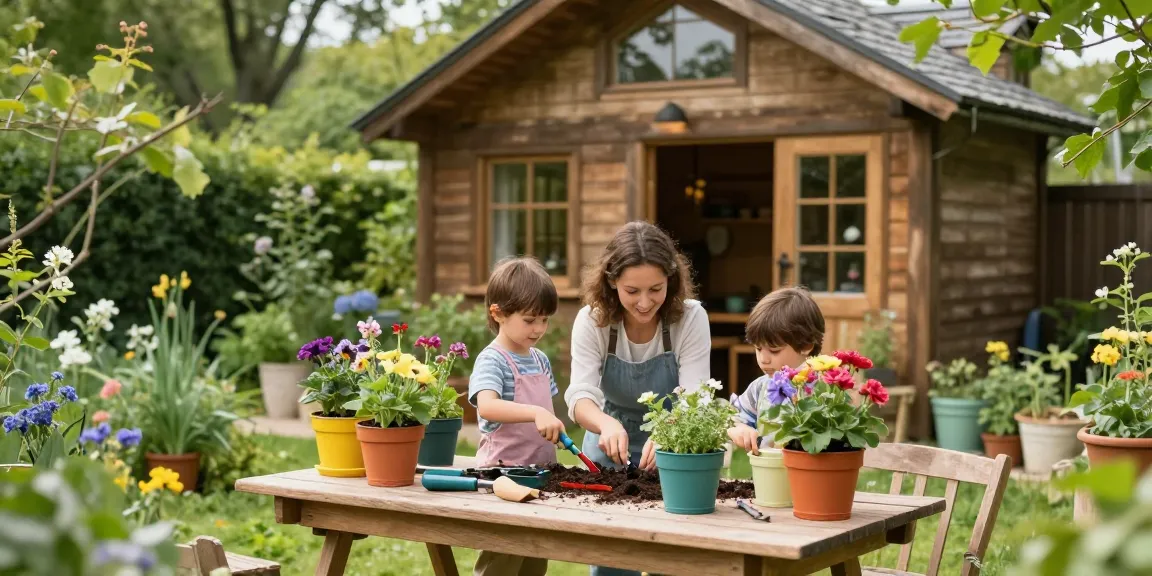 Gartenhäuser in grünem Garten mit Familie bei der Pflanzung von Blumen.
