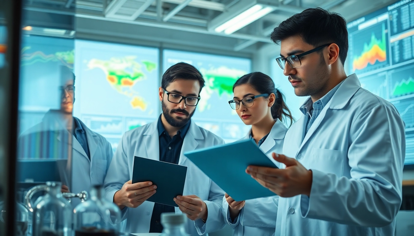 Umweltforschung in einem modernen Labor, Wissenschaftler analysieren Daten mit Grafiken im Hintergrund.