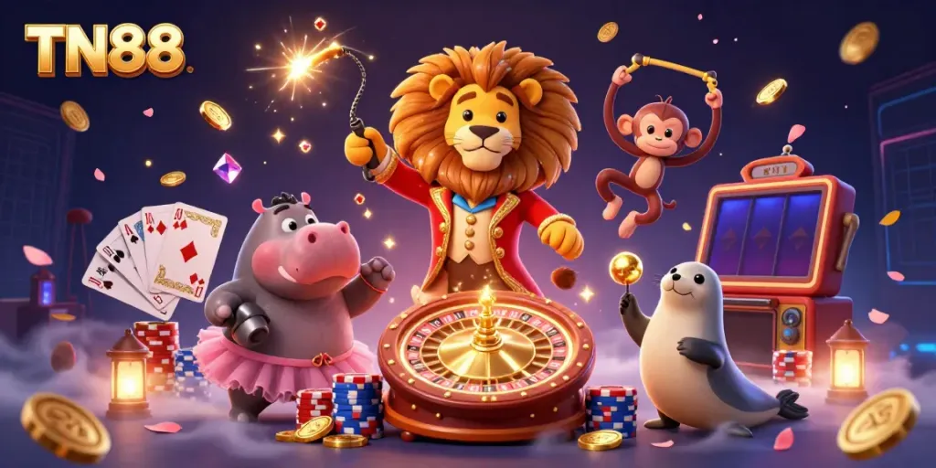 Experience the vibrant energy of TN88 with playful circus characters and casino excitement illustrated in 3D.