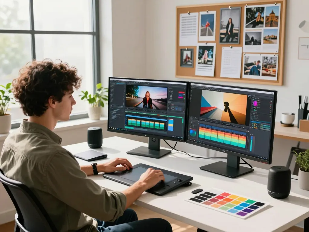 Creative workspace showcasing free motion control video editing setup with designer engaged in AI video production.