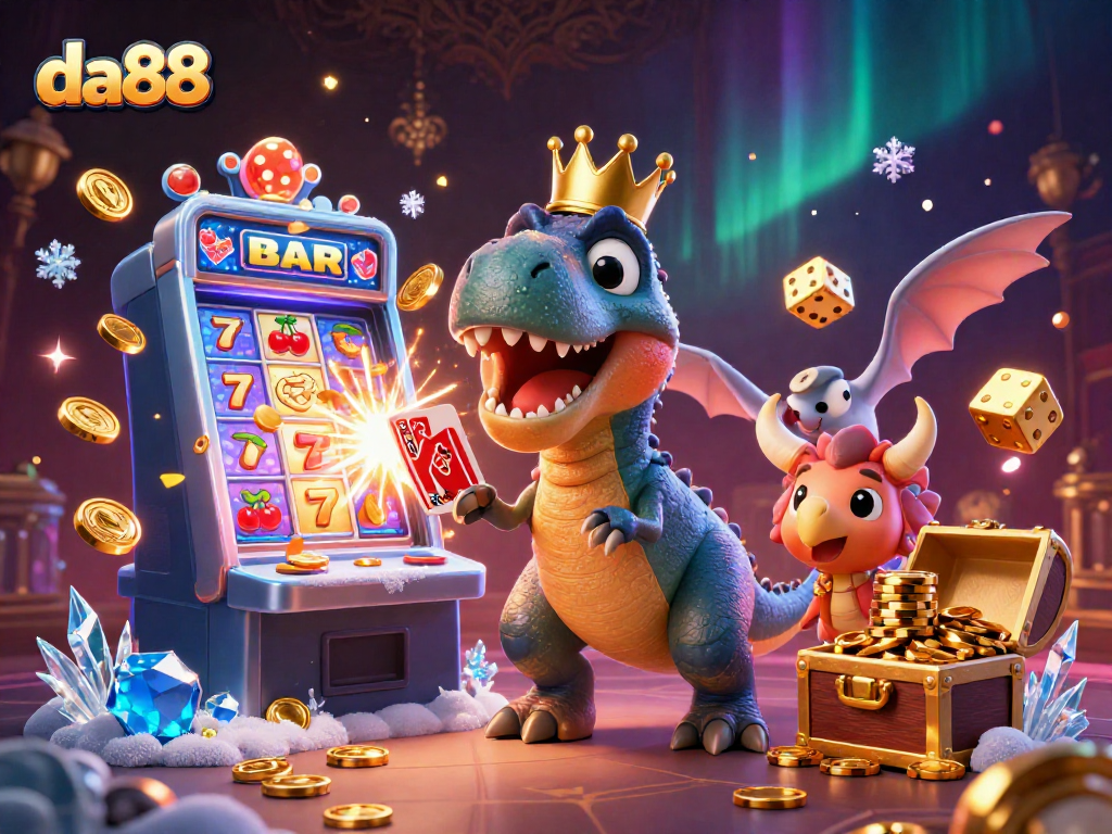 Engage with da88's thrilling casino games as a T-Rex shuffles cards and a triceratops stacks chips.