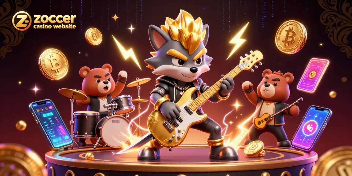 Zoccer casino website showcases a lively gaming scene with a rock star wolf and drummer bear amidst animated crypto elements.