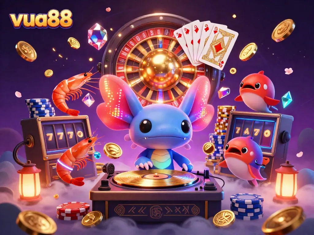 Experience the vibrant gaming energy of vua88 with a neon axolotl DJ spinning records among lively sea creatures, cascading coins, and a roulette wheel.