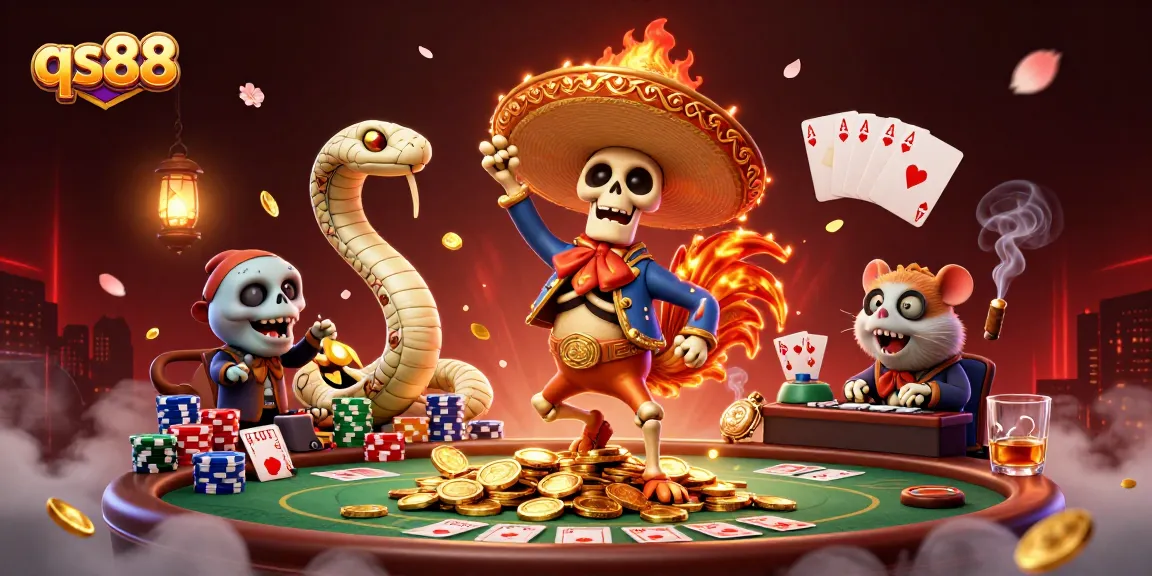 Experience thrilling victories at qs88 with a lively 3D casino scene featuring colorful poker elements and engaging characters.