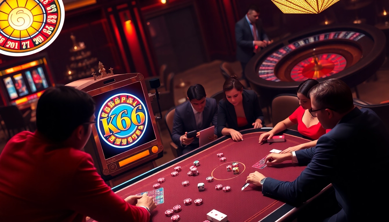 Tham gia KO66 tại một cảnh casino sôi động với những hành động poker căng thẳng và các máy slot đầy màu sắc.