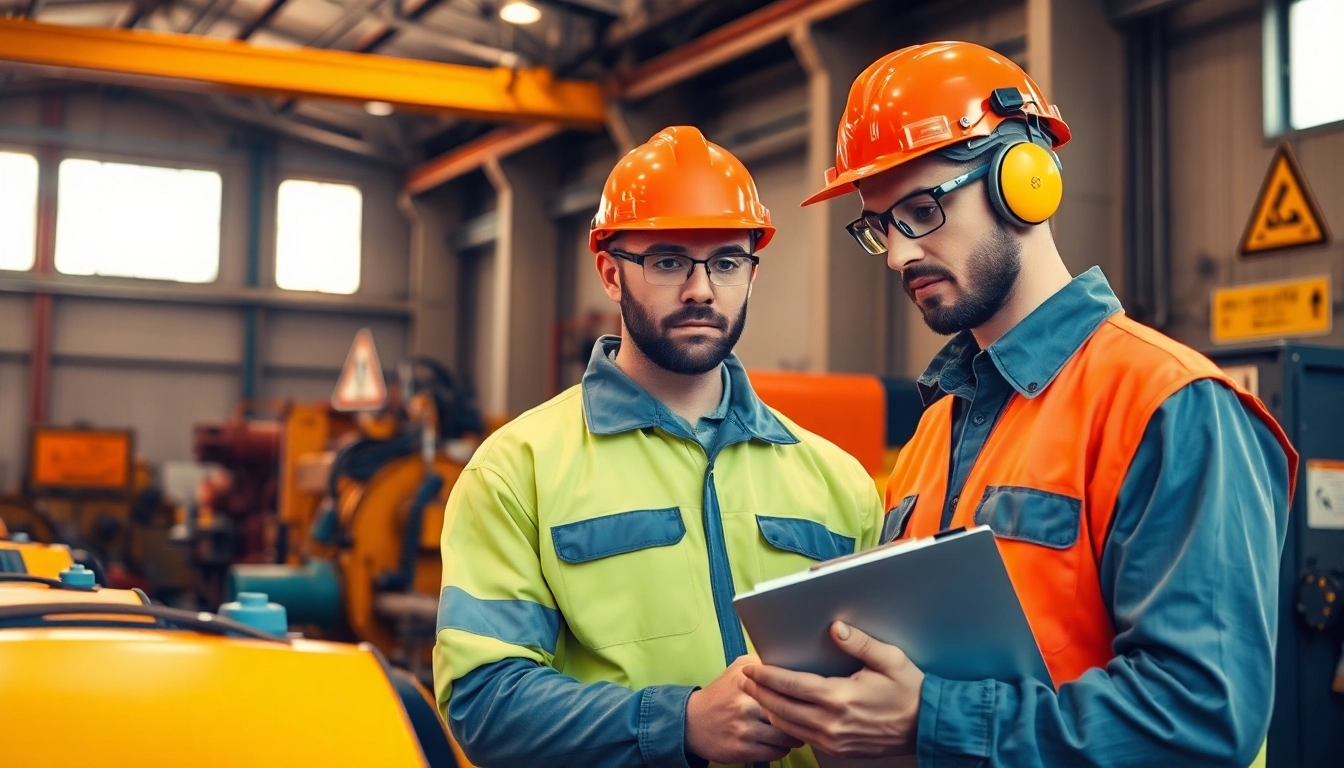 DGUV V3 Prüfung durch einen Techniker in einer industriellen Umgebung, Sicherheitsausrüstung und Maschinen im Hintergrund.