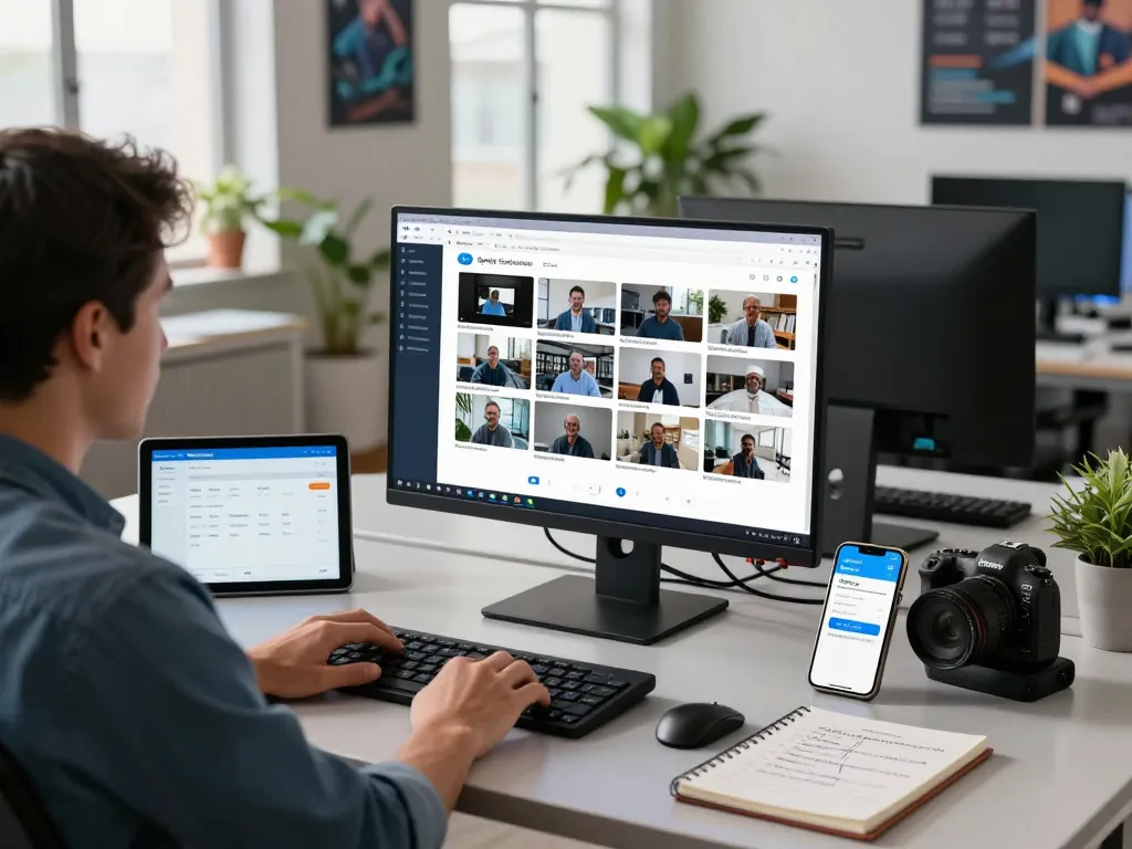 Lieferung von Synology Kamera-Lizenzen in einem technischen Arbeitsplatz mit Bildschirmen, die Management-Tools anzeigen.