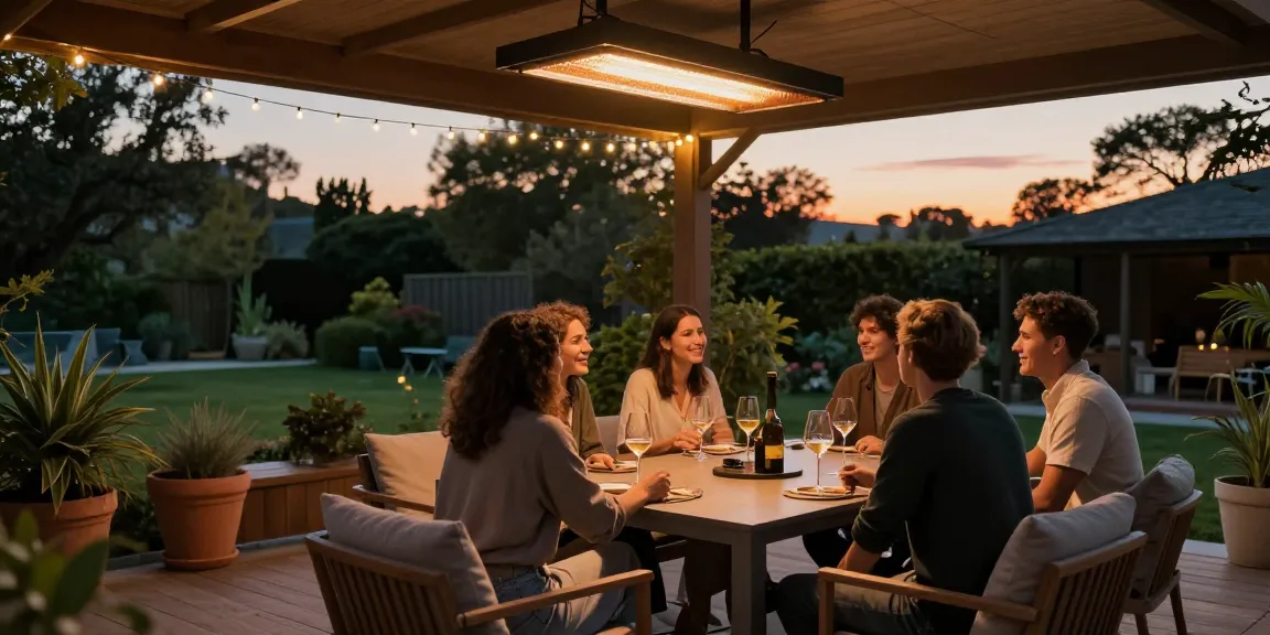 Genießen Sie die gemütliche Wärme der Infrarotheizung Außen auf einer stilvollen Terrasse an einem kühlen Abend.