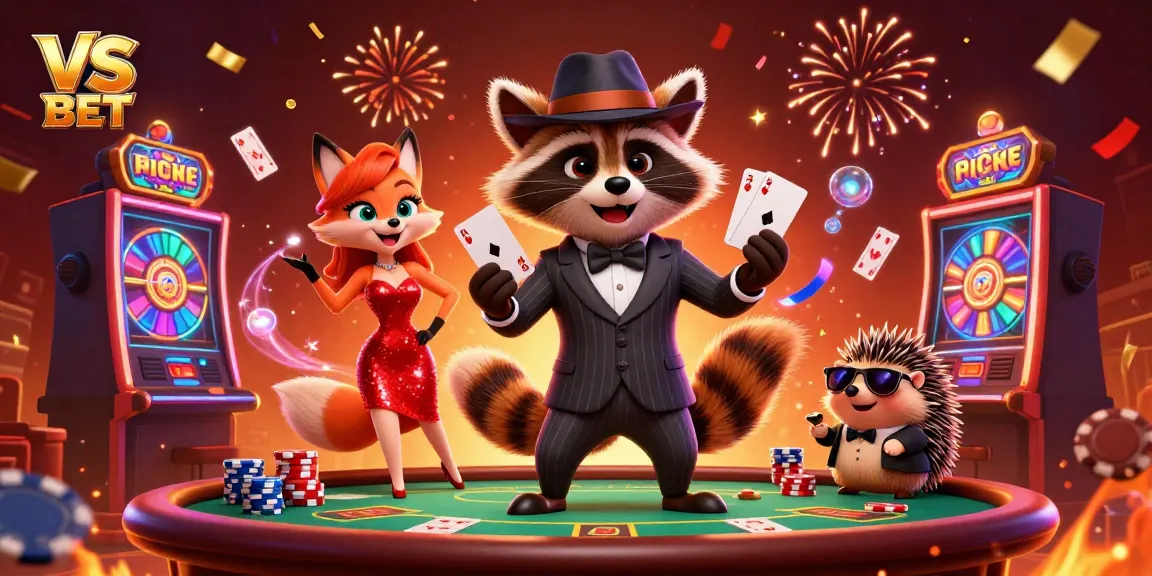 Engage with VS BET while enjoying a vibrant poker scene featuring cartoon characters and dynamic casino elements.