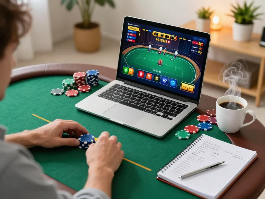 Player engaged in online casino gaming at home with SC 88 on screen and strategic notes nearby