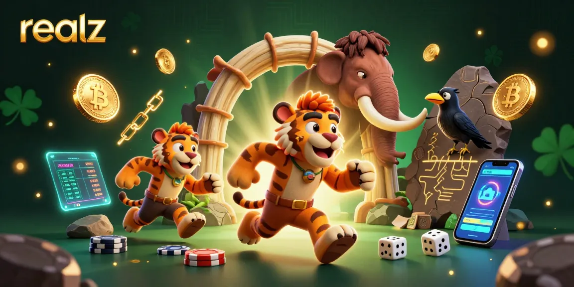 Spin the reels at realz Casino with a vibrant prehistoric theme featuring playful caveman and sabertooth tiger.