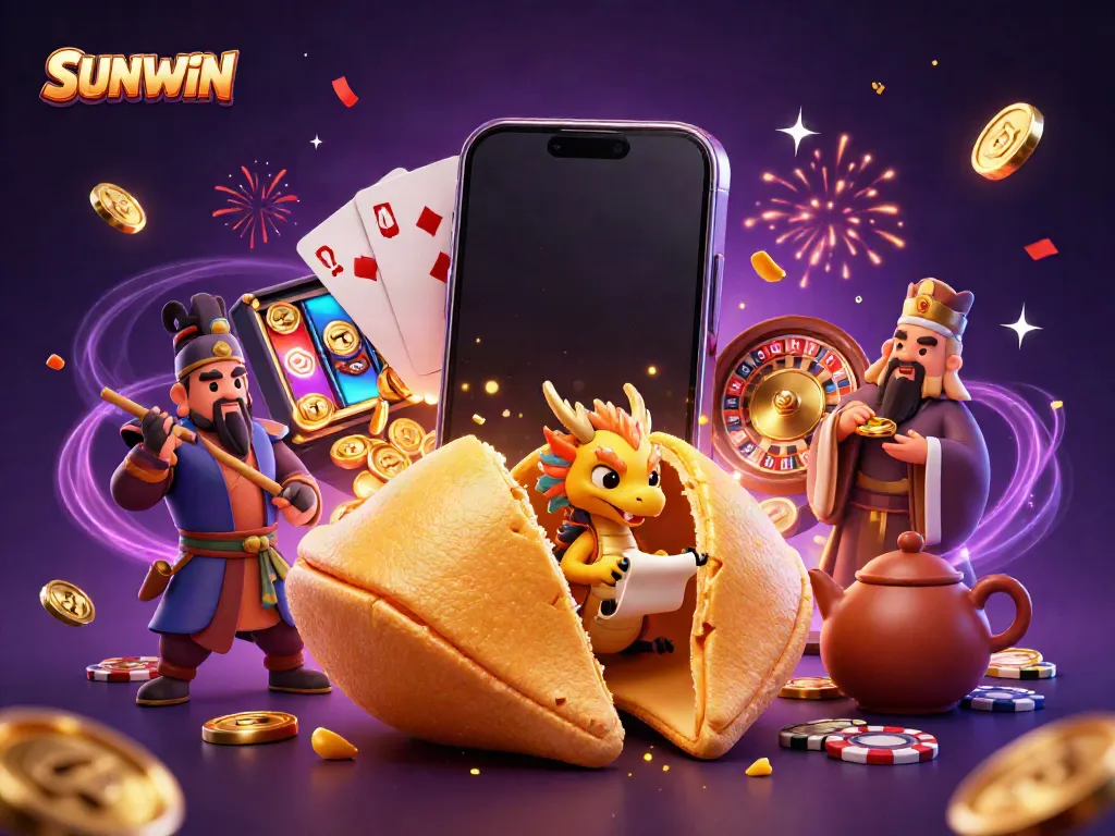 Experience the excitement of SUNWIN with a scene featuring a golden fortune cookie and themed casino elements.