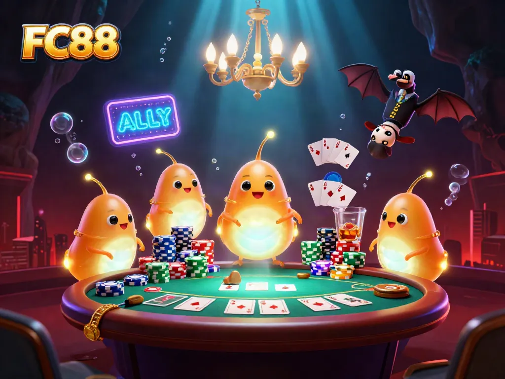 Experience exciting betting at FC88 with vibrant glowworms illuminating a busy casino scene.