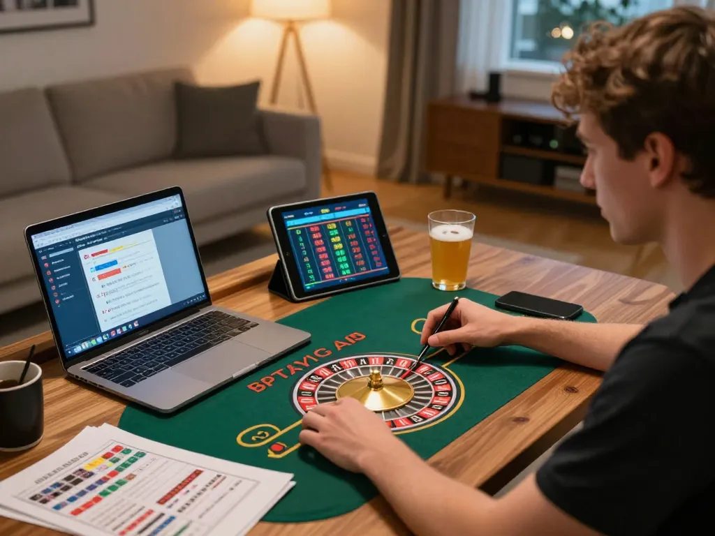 Player engaging in fabet online roulette from a cozy home setup with warm lighting