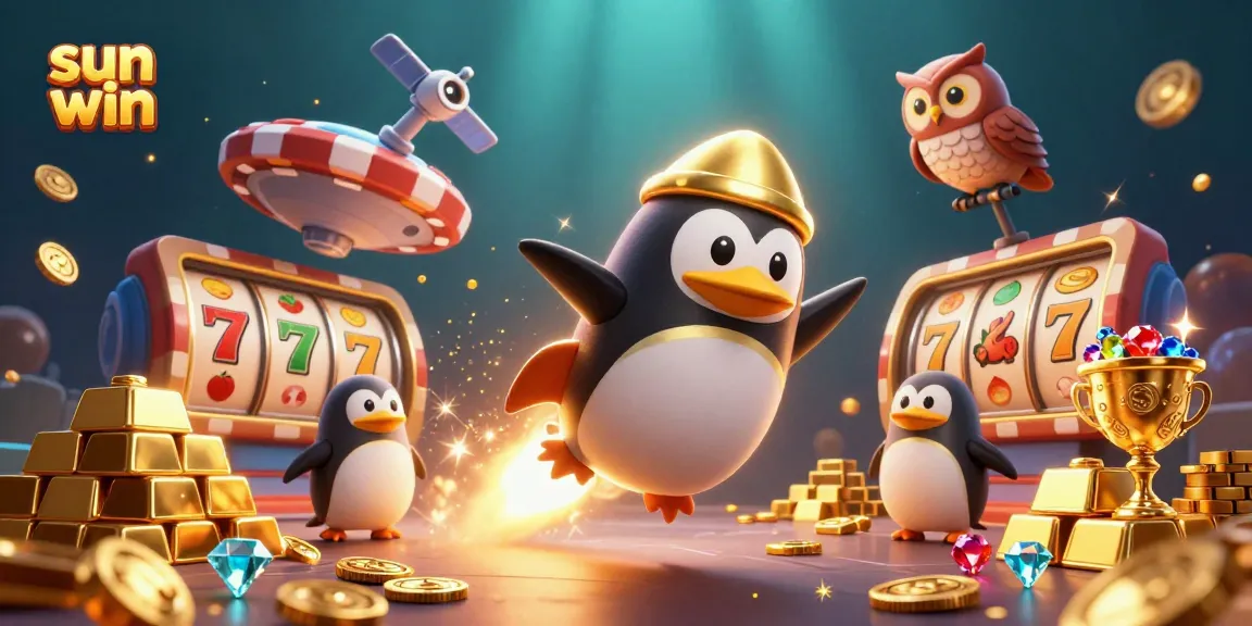 Experience the thrill of sun win with a dynamic 3D illustration showcasing a golden penguin and slot reels!