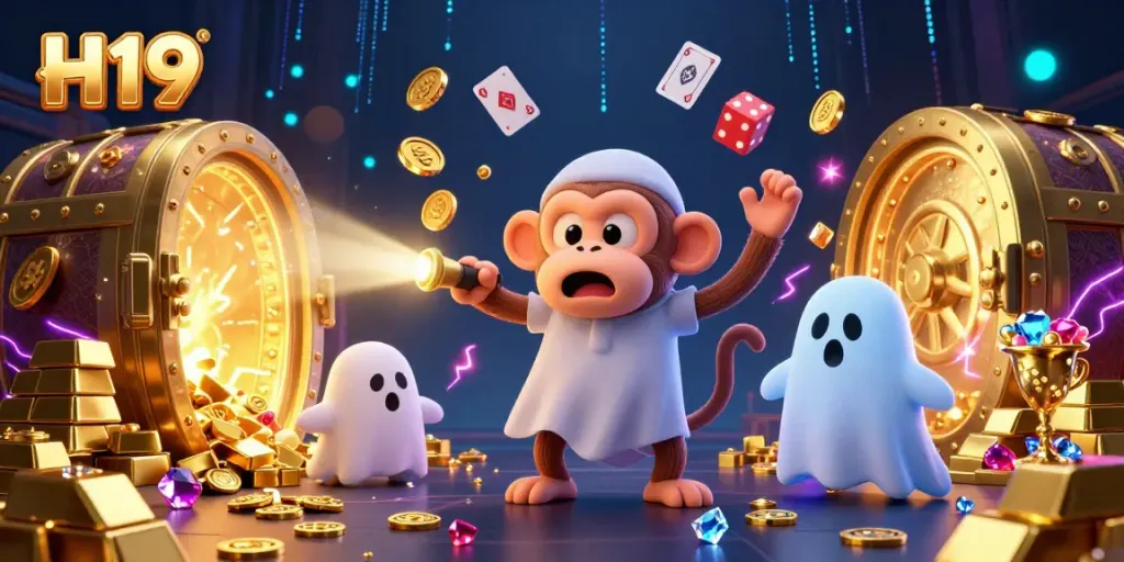 H19 captured in a vibrant 3D scene featuring a mischievous monkey juggling gold in a haunted casino, embodying a thrilling gambling atmosphere.