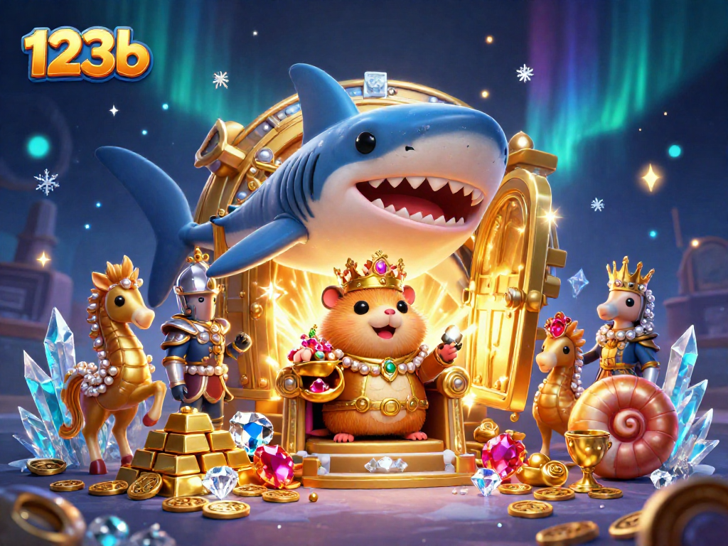 Experience the excitement of 123b with a golden hamster king ruling his casino world, surrounded by treasures.