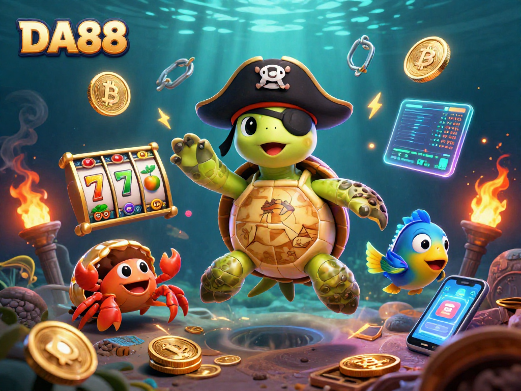 Join the DA88 adventure with a pirate turtle, crab, and parrotfish in a vibrant casino underwater scene.