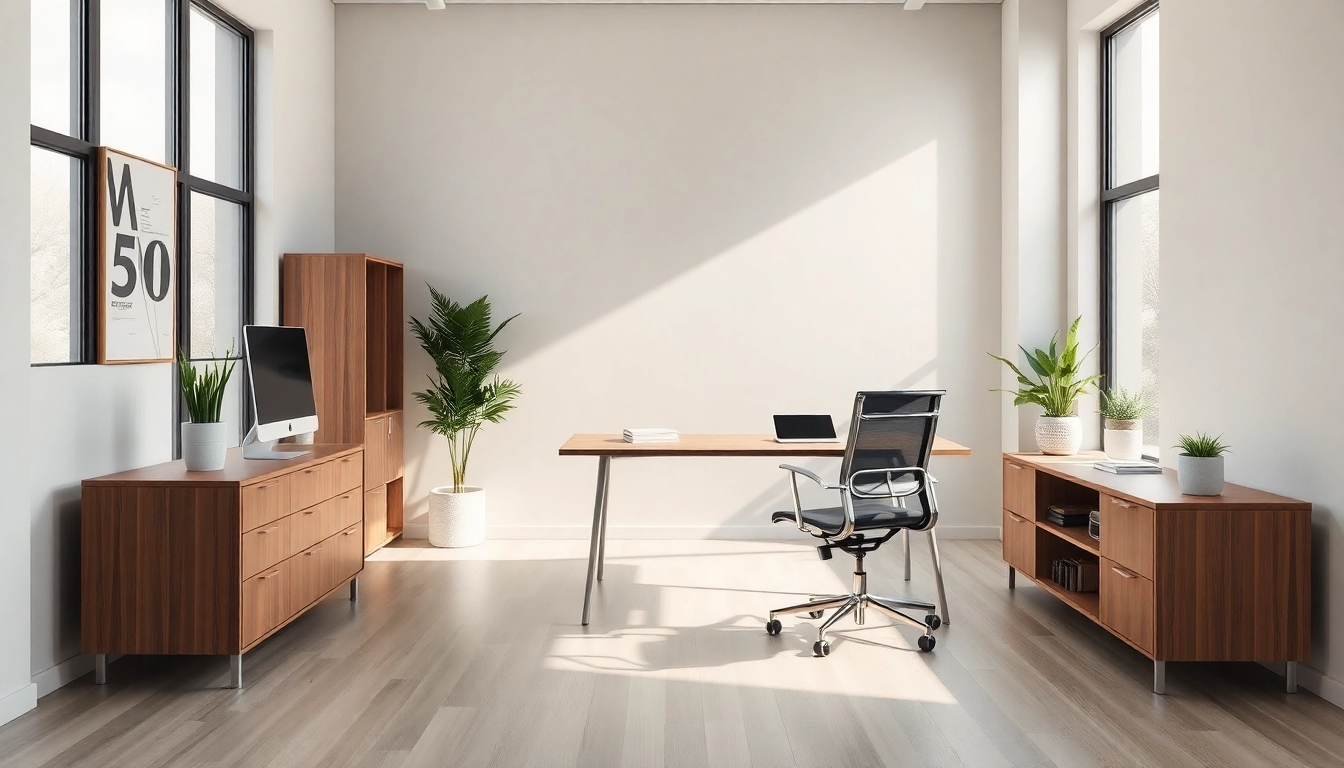 Büromöbel in einer modernen Büroeinrichtung mit einem eleganten Schreibtisch und ergonomischen Stuhl in einem gut beleuchteten Raum.