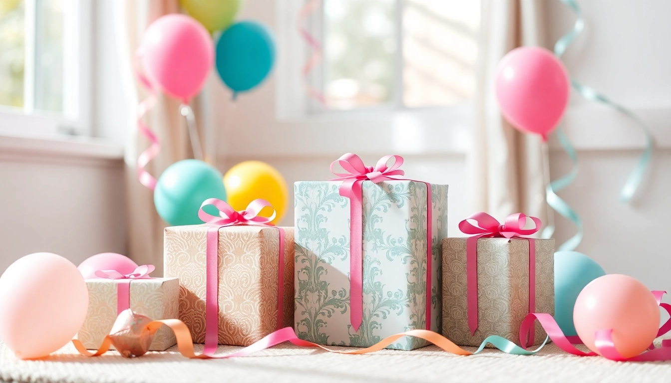 Schöne Geschenk Box in einer festlichen Umgebung mit bunten Dekorationen.