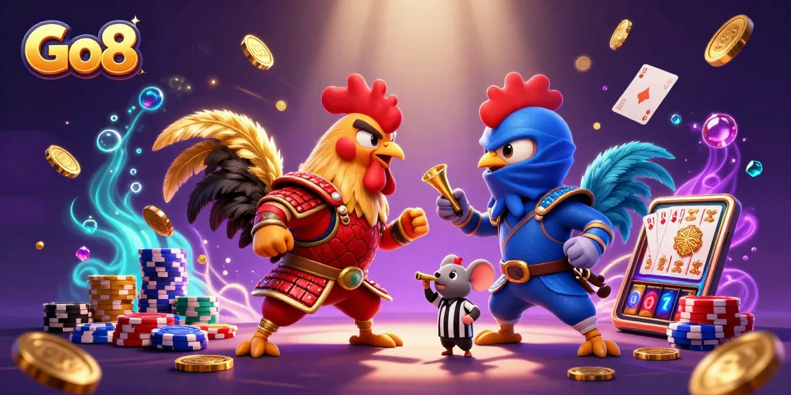 Engage in action at Go8 with dynamic cartoon roosters and flying casino elements!