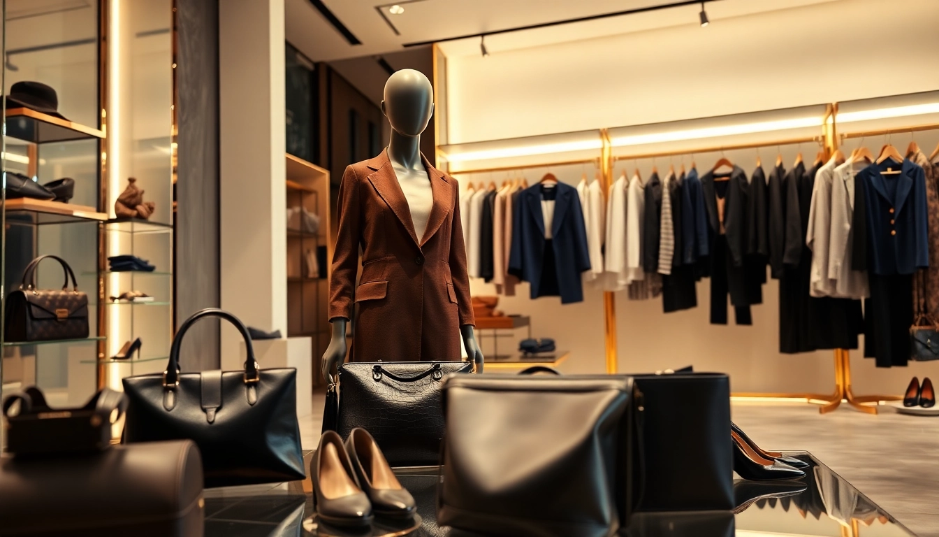 Showcasing exquisite luxury fashion items at Alvionz boutique with elegant displays and rich colors.