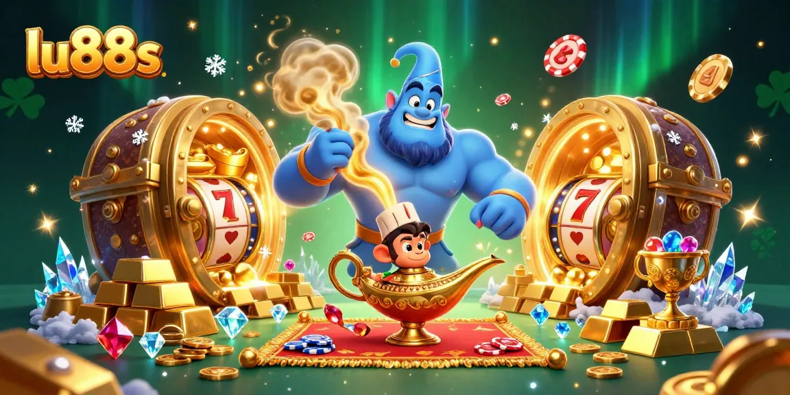 Experience the excitement of lu88s with a vibrant 3D casino scene featuring a genie, poker chips, and slot elements.