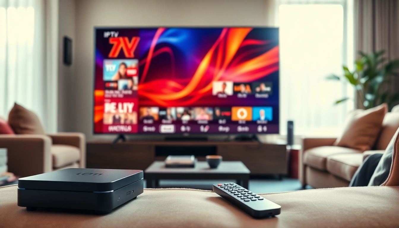 iptv kaufen in modernem Wohnraum mit großem Fernseher und stilvollem Streaming-Gerät.