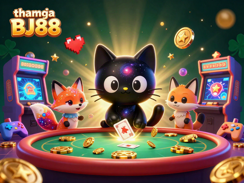 Join the fun with tham gia BJ88 at a cosmic casino table surrounded by vibrant game elements.