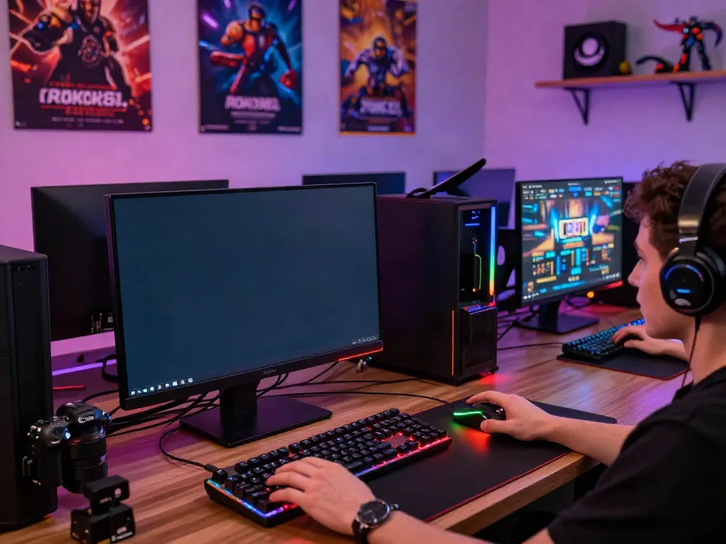 Player enjoying ROKOK88 slot games in a vibrant gaming setup with LED lights.
