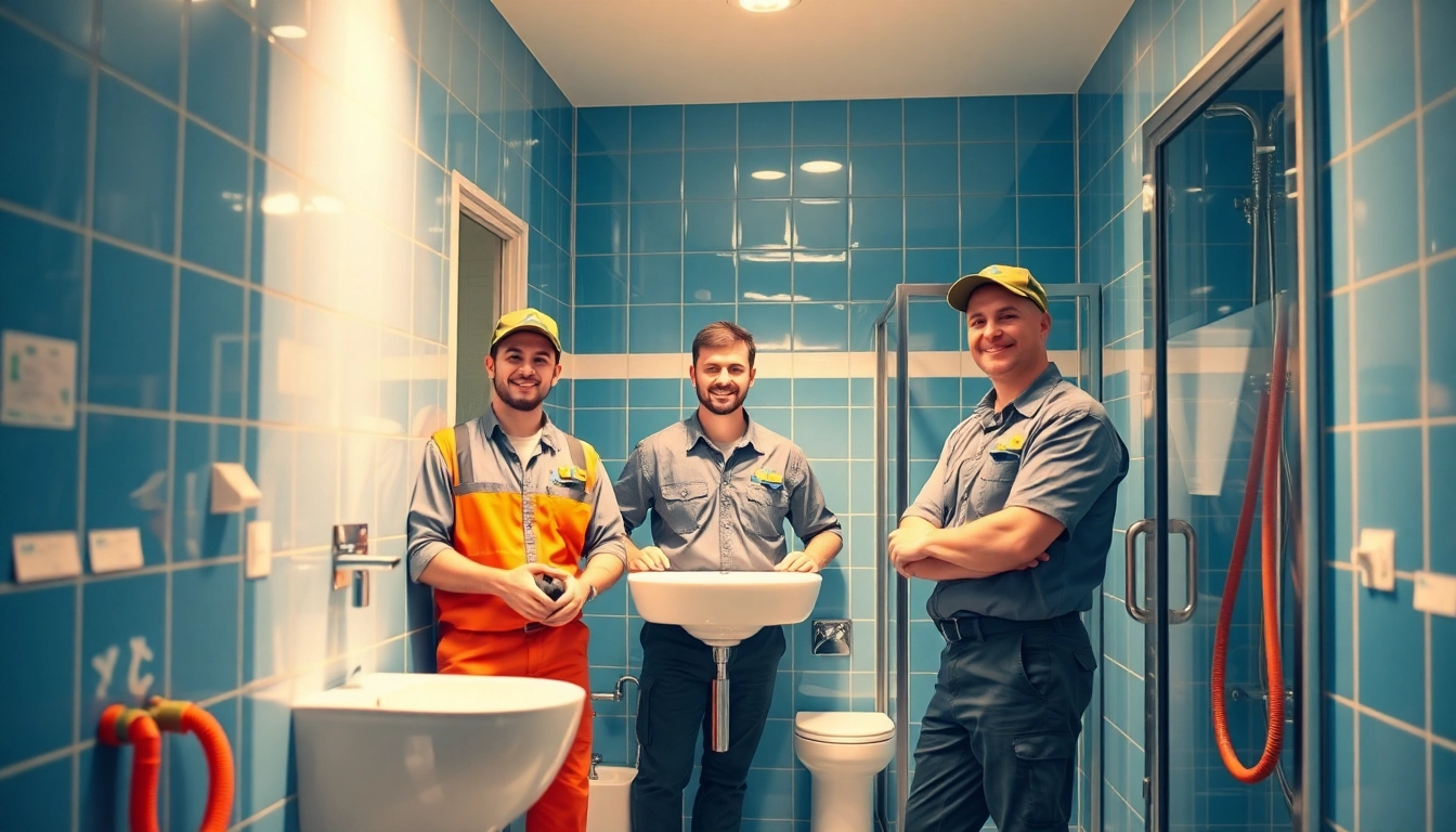 Sanitär Notdienst-Team repariert Rohre in modernem Badezimmer mit professionellem Werkzeug.